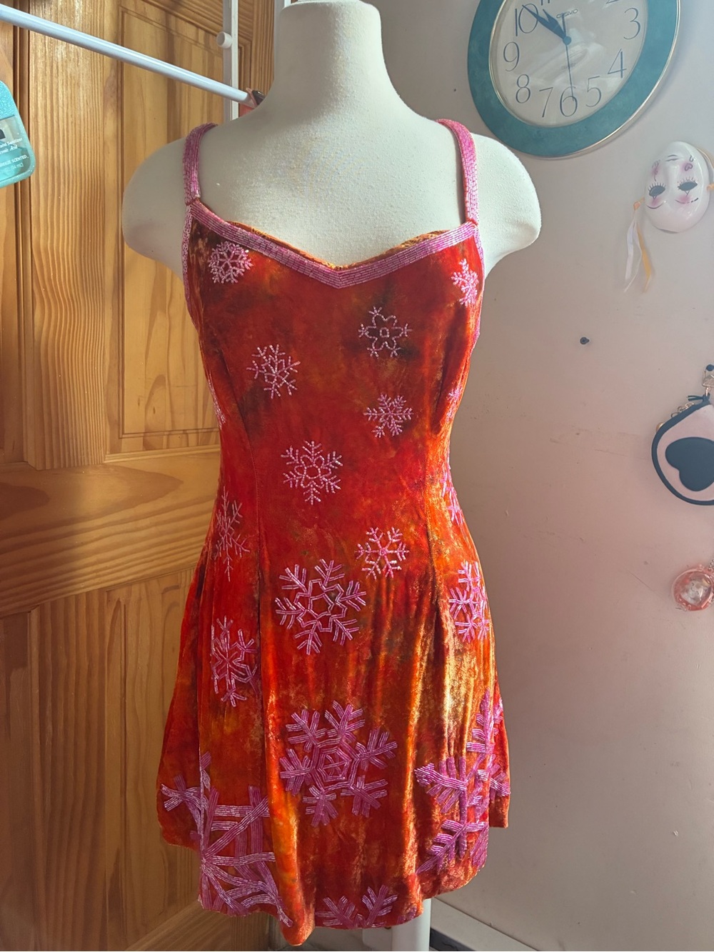 Rare Vintage 90s Todd Oldham Orange red Dress with Pink Snowflakes